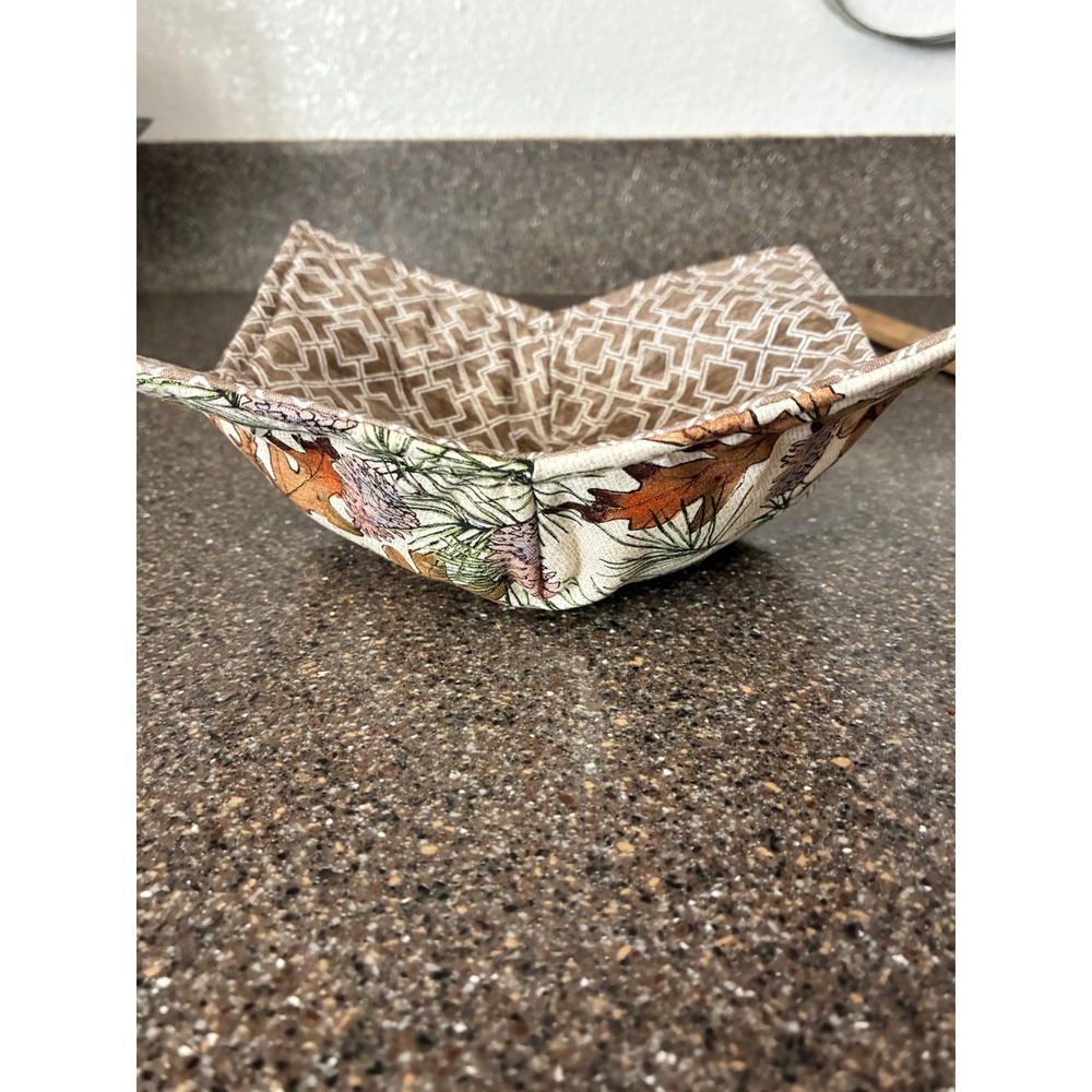 Handmade Reversible Quilted Fabric Bowl Cozy Autumn Leaf Geometric Brown